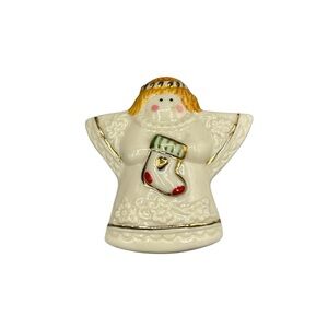 Vintage Angel Christmas Figurine White Porcelain Gold Trim Stocking 3”